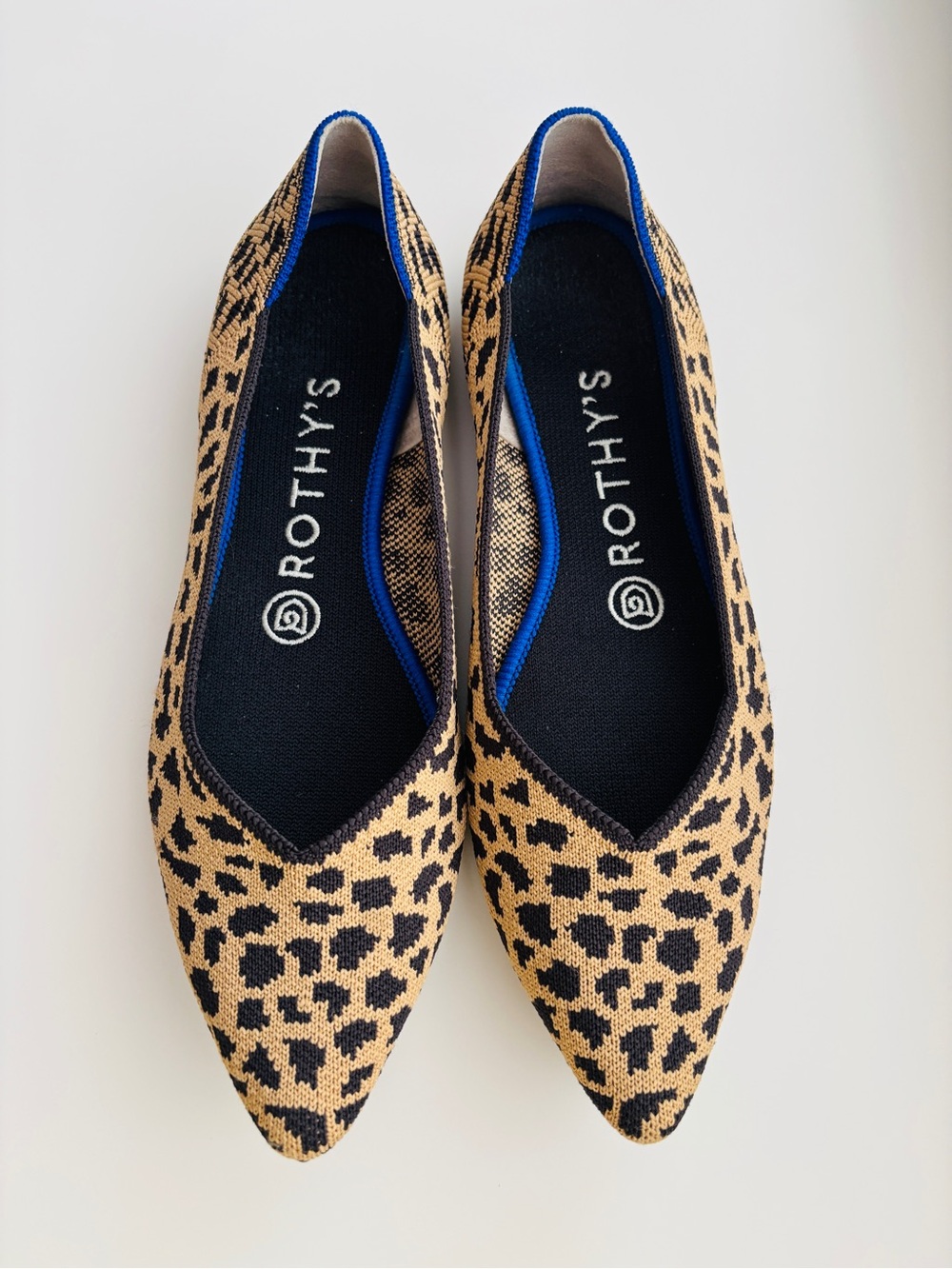 Rothy's 7.5 Leopard Print Pointed Flats in Tan and Black with Blue Trim